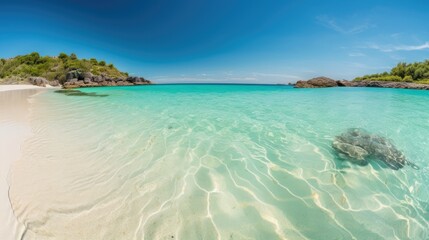 Fototapeta na wymiar Panorama of a beautiful white sand beach and turquoise water, blue sky. Holiday summer beach background. Wave of the sea on the sand beach. generative ai