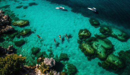 Fototapeta na wymiar from far angle view, people snorkeling on coral reef tropical caribbean sea, Generative AI