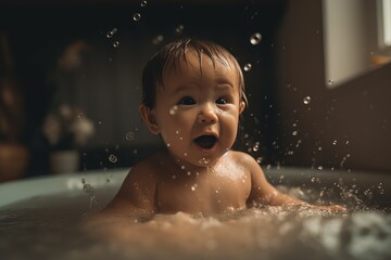 A baby enjoying bath time and splashing in the water. Generative AI