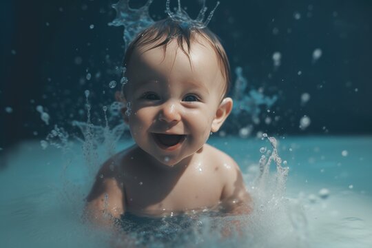 A baby enjoying bath time and splashing in the water. Generative AI