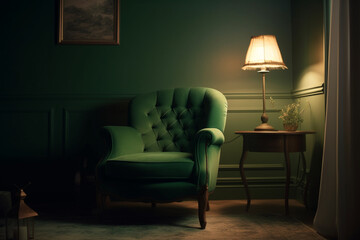 Green armchair in a comfortable living room with a dark green accent wall, Generative AI	
