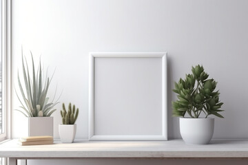 Empty white frame on white wall with plant and modern decor, Generative AI	
