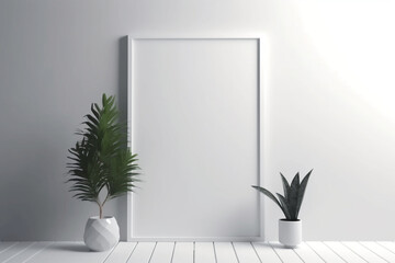 Empty white frame on white wall with plant and modern decor, Generative AI	
