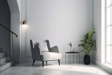 interior of a room white wall background with a stylish armchair in a modern interior , Generative AI	