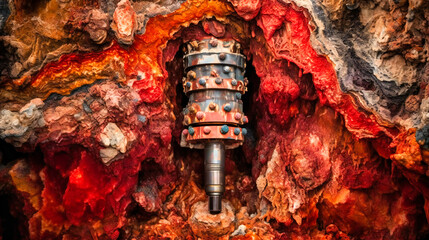 A detailed macro shot of a geothermal well drilling into the Earth's crust, showcasing the colorful and dynamic geologic layers