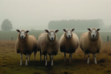 Fototapeta premium herd of sheep in the fog created with Generative AI technology