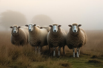 Fototapeta premium herd of sheep in the fog created with Generative AI technology