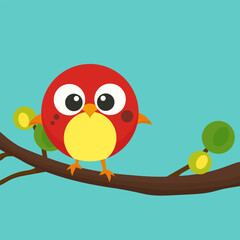 cartoon illustration of a red and yellow bird sitting on a branch.