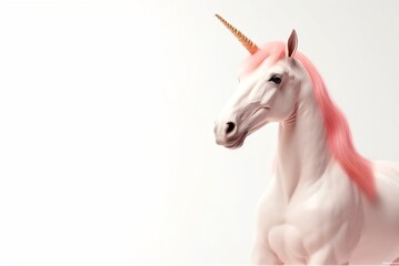 Obraz na płótnie Canvas Fantasy unicorn with pink mane and gold horn, white background (generative ai)