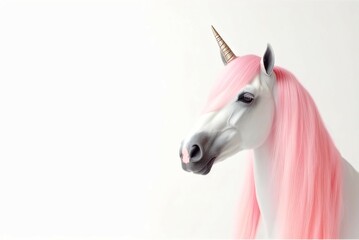 Fantasy unicorn with pink mane and gold horn, white background (generative ai)