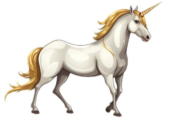 Fantasy unicorn with gold mane and horn, white background (generative ai)