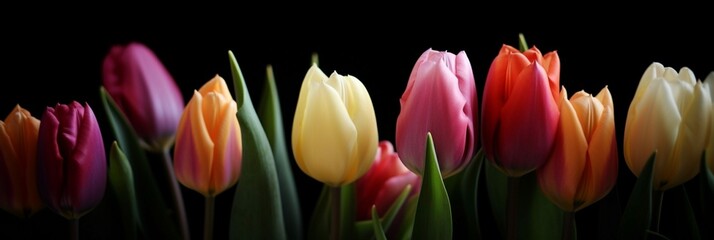 Fototapeta premium Row of colorful, bright, spring tulips (generative ai)