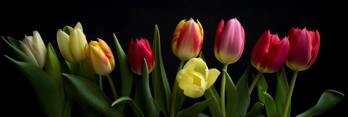 Row of colorful, bright, spring tulips (generative ai)