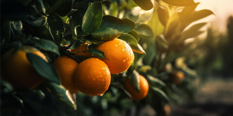 Oranges hanging on a orange tree in garden. Ripe juicy oranges on a oranges tree branches, blurred background, copy space. Fresh fruts. Generative ai illustration