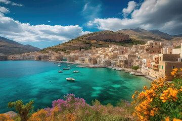 Obraz premium Sicilian port of Castellammare del Golfo, amazing coastal village of Sicily island, province of Trapani, Italy created with Generative AI technology
