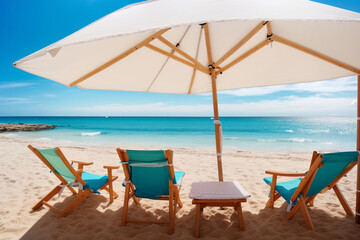 eautiful beach banner. White sand, chairs and umbrella travel tourism wide panorama background concept. Generative AI
