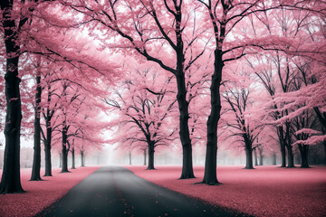 Pink trees from near infared style. Generative AI