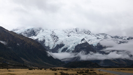 The road to Mount Cook New Zealand. Landscape snowy Alpine mountains. 