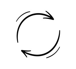 Round doodle arrow. Hand drawn circle arrow icon. Recycle sketch sign. Repeat graphic line symbol. Vector doodle illustration isolated on white background.
