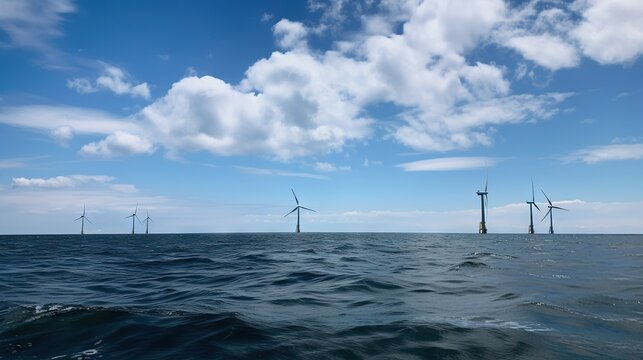 Offshore Windmill farm in the ocean, windmills isolated at sea on a sunny day. Generative AI