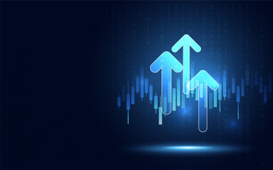 Futuristic raised triple-up arrow chart with candlesticks digital transformation abstract technology background. Big data and business growth currency stock and investment economy. Vector illustration - obrazy, fototapety, plakaty