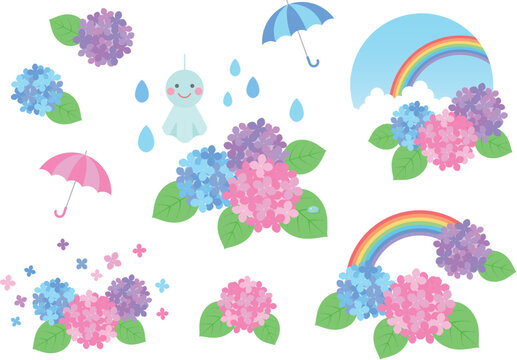 梅雨の紫陽花と雨の日のかわいいイラスト素材