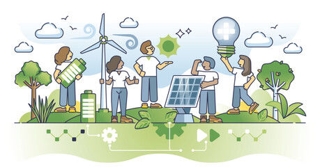 Community based renewable energy for green electricity outline concept. Society support for future nature friendly solar or wind power vector illustration. Save sustainable and environmental climate.
