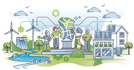 Community based renewable energy or CBRE for green power outline concept. Solar panels or wind turbines installation at home as society impact on green electricity or independence vector illustration - obrazy, fototapety, plakaty