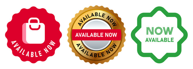 Available now sign text in red gold and green stamp label symbol tag round shape