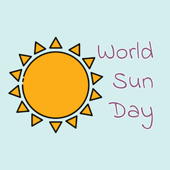 An image of the sun with a dark outline on a blue background with a purple caption and a white outline World Sun Day. Vector illustration
