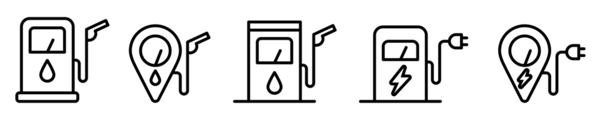 Conjunto de iconos de estación de gasolina y carga eléctrica. Combustible y electricidad para vehículos. Ilustración vectorial