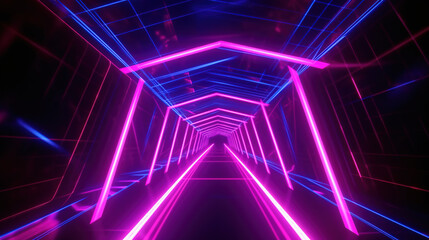 , ultraviolet neon star shape, glowing lines, portal, tunnel, virtual reality, abstract fashion background, violet neon lights, arch, pink blue spectrum vibrant colors, laser show