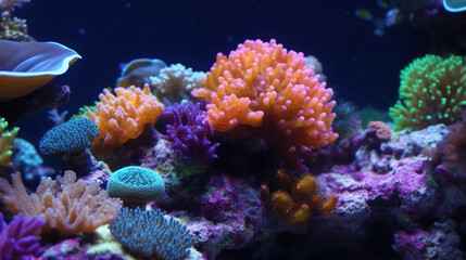 Naklejka na ściany i meble Beautiful hermatypic marine corals of various colorful species under the sea
