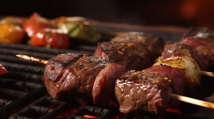 Brazilian barbecue is served with picanha on a charcoal barbecue skewer and cut showing the tenderness of the meat.