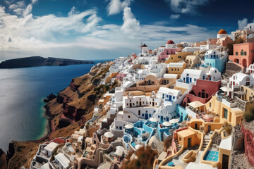 Obraz premium Panorama of famous greece city Oia. Santorini island created with Generative AI technology