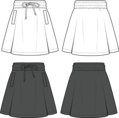 Box Pleat Skirt Technical Flat Drawing Template