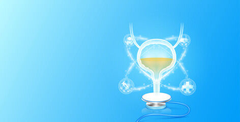 Medical health care. Human bladder anatomy float on stethoscope with medical icons radius ring surrounds. Internal organs translucent white and copy space for text. 3D Vector EPS10.