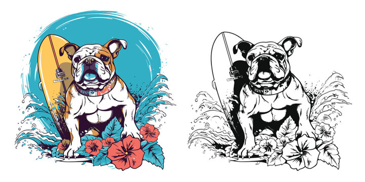 A beach loving bulldog catching some waves on a surfboard.Illustration of T-shirt design graphic.