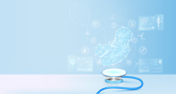 Child infant float away from stethoscope. Pregnancy and artificial insemination medical innovation. Electronic medical technology innovation. Doctor diagnose digital data record. Realistic Vector.