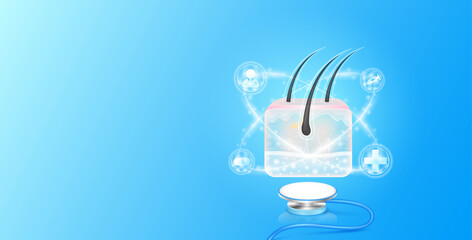 Medical health care. Human hair skin anatomy float on stethoscope with medical icons radius ring surrounds. Internal organs translucent white and copy space for text. 3D Vector EPS10.
