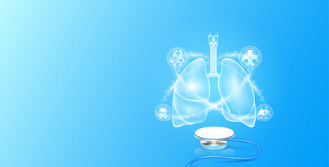 Medical health care. Human lung anatomy float on stethoscope with medical icons radius ring surrounds. Internal organs translucent white and copy space for text. 3D Vector EPS10.