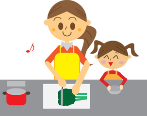 台所で仲良く料理する親子・親子クッキング・食育・子育て