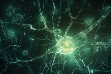 Generative AI of neurons connected in a network producing action potentials concept for nerve cell communication, electrical connections in brain, neural network function
