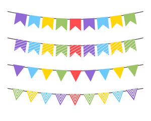 Obraz premium Colorful birthday, celebration, anniversary, festival, and party flags garland on isolated white background. Vector illustration flat design.