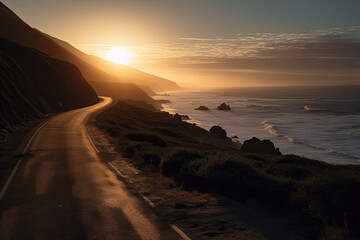 street on coastline with sunrise created with Generative AI technology