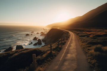 street on coastline with sunrise created with Generative AI technology