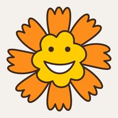 Smiling flower, abstract personage, mascot design, funny face, cute icon.