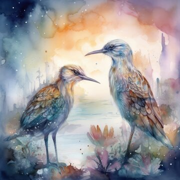 Watercolor illustration of a pair of birds on a background of the night sky Generative Ai