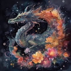 Watercolor illustration of a dragon on a background of watercolor splashes Generative Ai