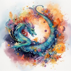 Watercolor illustration of a dragon on a background of watercolor splashes Generative Ai
